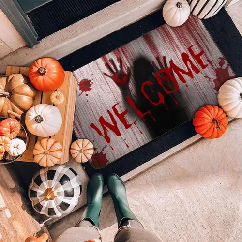 Miniatura 7 de Tapete de puerta de terror para decoración de Halloween, tapete de bienvenida de sangre de 17 x 30 pulgadas, tapetes de goma de lino antideslizantes