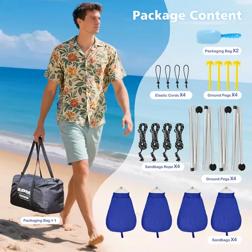 Miniatura 7 de 2PM SPORTS - Tienda de campaña de playa de 10 x 10 pies, protección UV UPF 50+, 8 sacos de arena, fácil instalación, toldo portátil para playa, Azul