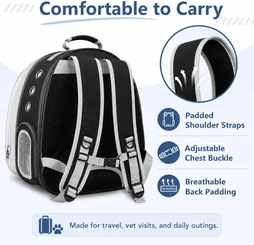 Miniatura 7 de Mochila expandible para gatos y perros, mochila de viaje para mascotas con ventana de burbujas con malla transpirable, estructura anticolapso, Negro
