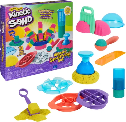 Kinetic Sand, Ultimate Sandisfying Set con arena de juego de 2 libras (rosa, amarillo y verde azulado), 10 herramientas y moldes, juguetes