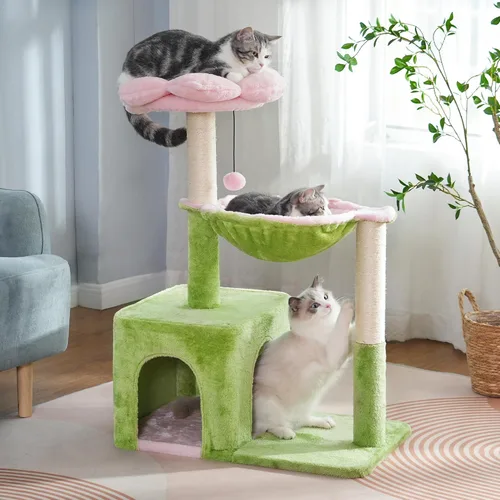 Árbol de flores para gatos con 34 postes rascadores para gatos grandes, con hamaca grande de 15.7 pulgadas, cama superior extraíble y condominio