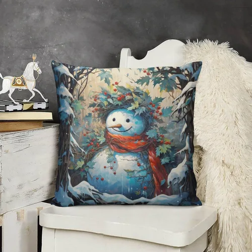 Miniatura 18 de Funda de cojín de muñeco de nieve con rosas rosadas, bufanda y sombrero, funda de almohada para cama, decoración moderna para sofá, dormitorio, sala