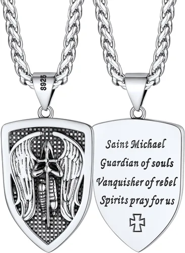 Miniatura 27 de FaithHeart Collar de San Miguel, acero inoxidable, chapado en oro de 18 quilates, amuleto colgante de San Miguel Arcángel para hombres y mujeres