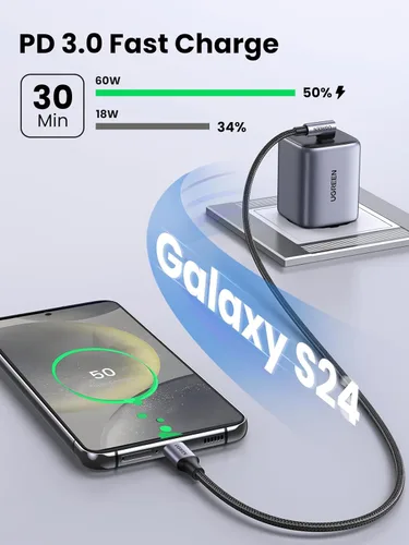 Miniatura 4 de Cable Ugreen USB C a USB C de 6.6 pies, ángulo recto de 90 grados tipo C de 60 W para iPhone 17/16, MacBook Pro/Air, iPad Pro 2022/Air 5/Mini 6