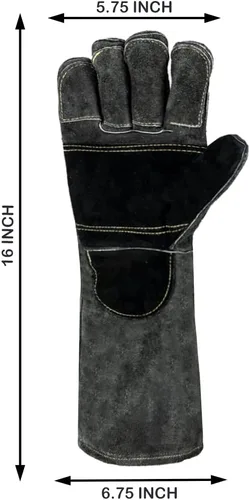 Miniatura 4 de Guantes de cuero para soldadura/barbacoa, 16 pulgadas, negro-gris, resistentes al calor/fuego, guantes