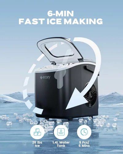 Miniatura 2 de Ecozy Encimera de máquina de hielo, máquina de hielo portátil con asa de transporte, 12 kg en 24 horas, 9 cubos de hielo listos en 6 minutos, Negro