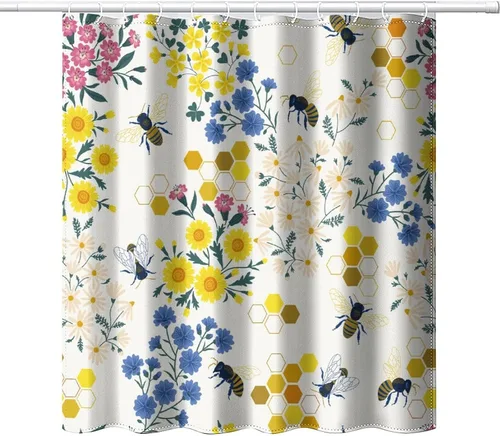 Cortina de ducha con estampado de flores de acuarela, diseño bohemio retro, vintage, estampado geométrico de abeja, para decoración de baño, tela
