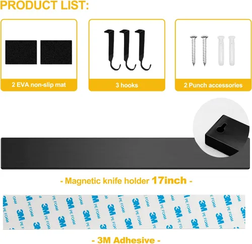 Miniatura 7 de Tira magnética negra para cuchillos para refrigerador, soporte magnético de acero inoxidable de doble cara de 17 pulgadas con ganchos