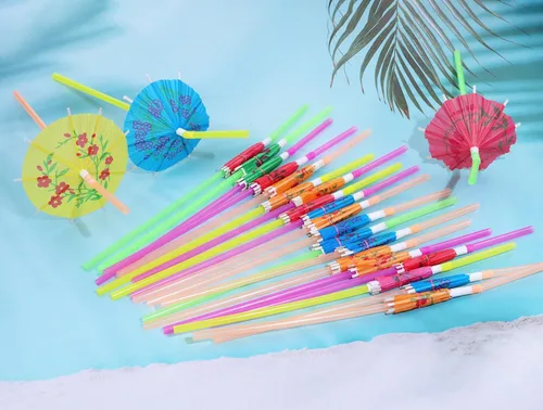 Miniatura 3 de Pajitas hawaianas para fiesta, 25 unidades, 9.45 pulgadas, colores surtidos, mini paraguas de papel, bebidas, jugo, cóctel, batido, pajitas