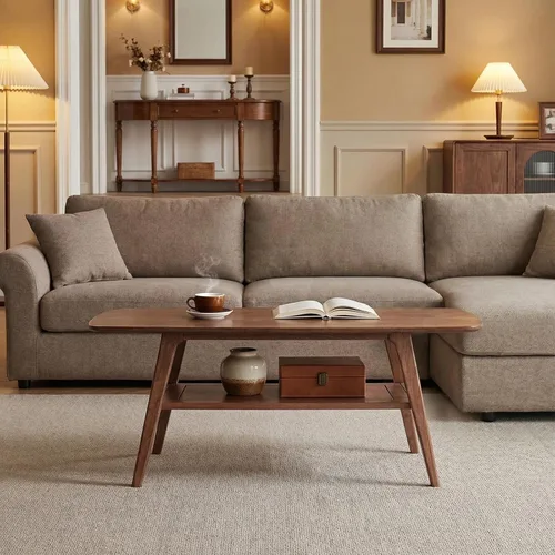 Miniatura 8 de Mesa auxiliar 100% de madera maciza con estante de almacenamiento, mesa central de madera de 2 niveles para sala de estar, mesa rectangular rústica