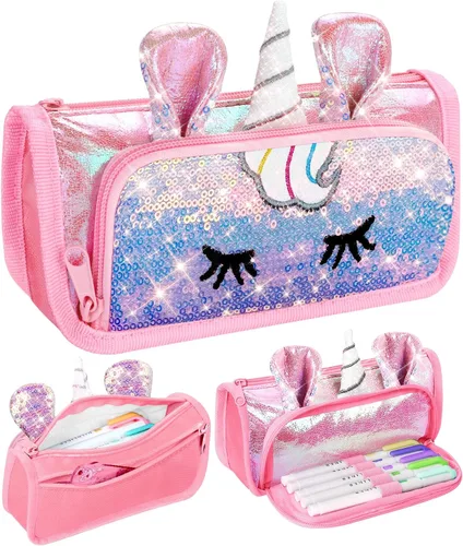 Miniatura 8 de Lindo estuche para lápices, estuche 3D para niñas y niños, bolsa brillante para lápices con lentejuelas para estudiantes, suministros escolares