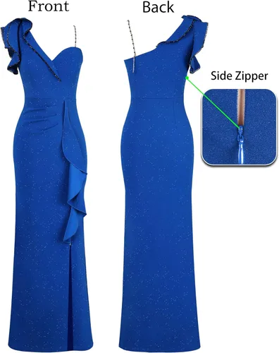 Miniatura 5 de VFSHOW Vestido largo de fiesta formal con volantes y tirantes para el hombro, para mujer, vestido largo sexy con cuello en V dividido para cóctel