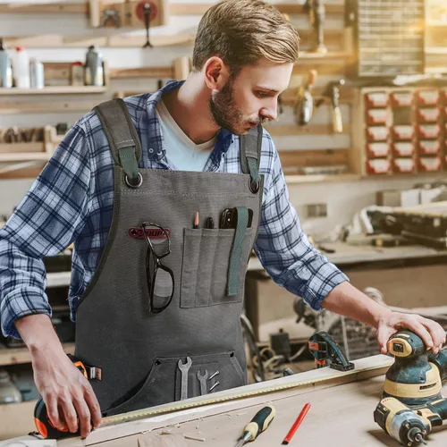 Miniatura 7 de Delantal de carpintería para hombres, delantal de taller de lona de 20 oz con 9 bolsillos para herramientas, delantal de peto de trabajo de madera