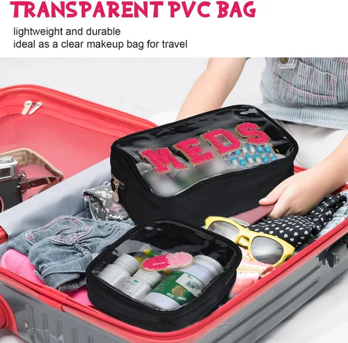 Miniatura 4 de Hillban 2 bolsas medicinales de chenilla con parche de letras, bolsas de viaje, de nailon transparente, bolsas de maquillaje portátiles