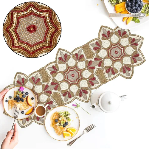 Miniatura 3 de Camino de mesa con cuentas de 36 pulgadas, 13 x 36 pulgadas, marrón beige multicolor, camino de mesa decorativo con brillo navideño, manteles