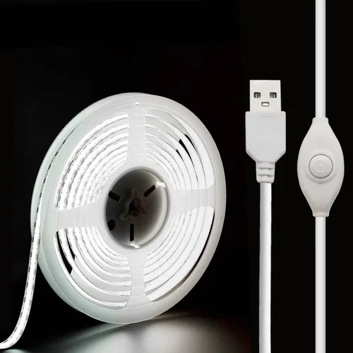 Tira de luces LED de 5V USB, tira de luz COB de 1 m blanca, tira de luz LED corta, tira de luz LED brillante flexible de 5V para debajo del Blanco