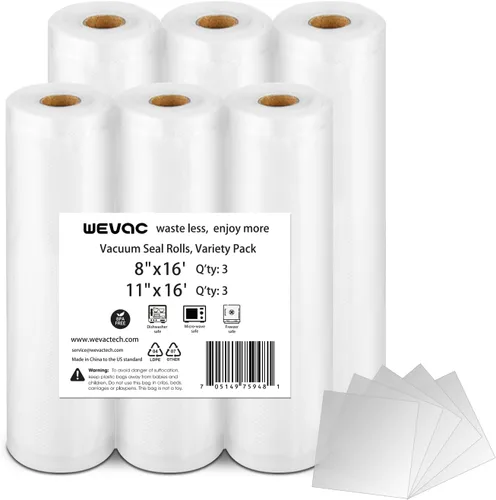 Wevac - Paquete de 6 rollos de 11 pulgadas x 16 pies y 8 pulgadas x 16 pies, bolsas selladoras al vacío para Food Saver, Weston, grado comercial,