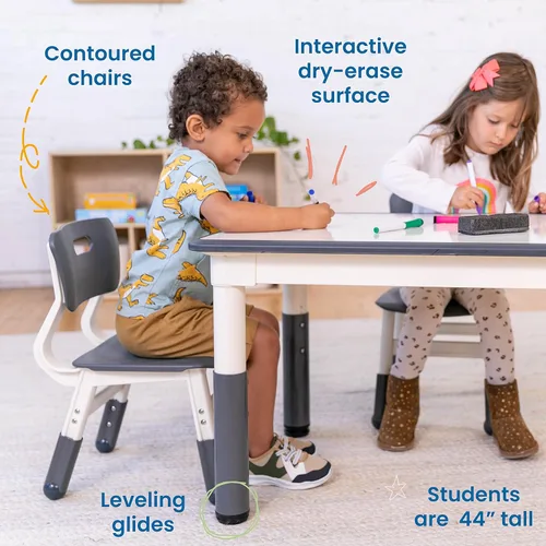 Miniatura 4 de ECR4Kids Mesa de actividades rectangular de borrado en seco con 2 sillas, ajustable, muebles para niños, gris, 3 piezas