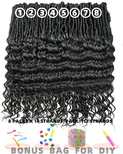 Miniatura 4 de Cabello de Ganchillo Faux Locs de Onda Profunda - 24 Pulgadas 8 Paquetes Pre-Enrollado Negro Natural 112 Hebras Extensiones de Cabello Sintético