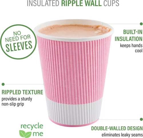 Miniatura 4 de Taza de café de papel rosa claro de 4 onzas con pared ondulada - Restaurantware