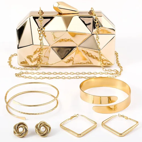 Miniatura 5 de 5 piezas de bolso de mano para mujer, monederos de noche de graduación, bolso metálico para banquete de boda, juego de joyas retro