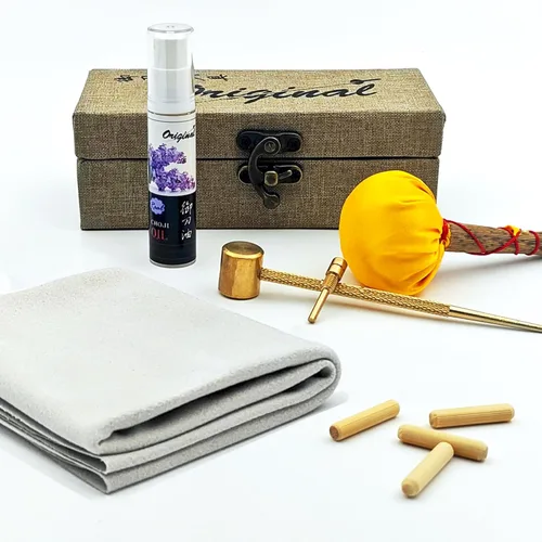 Sword Katana Cleaning Kit,Contains Choji Oil,Copper Hammer,Chamois,Uchiko Ball,2 Pairs Peg (Mekugi),Apply to Care for Japanese Samurai Swords 1.Brown