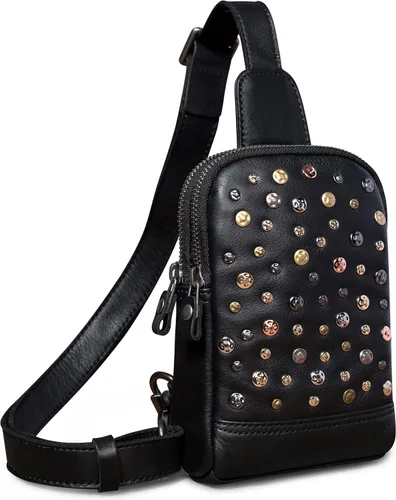 CENUNCO Bolso bandolera de cuero genuino para mujer, bolso cruzado de cuero pequeño para teléfono, estilo remache, estilo remache, bolso negro