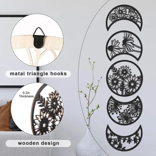 Miniatura 3 de Jetec 5 piezas de decoración de pared de fase lunar sobre la cama, 10.6 pulgadas de alto, estilo bohemio, fase lunar, adorno de pared de madera