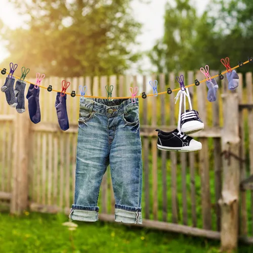 Miniatura 5 de Windyun Cuerda de ropa de viaje portátil ajustable de 26 pies, cuerda de secado de lavandería con 24 pinzas coloridas a prueba de viento, 24