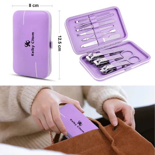 Miniatura 3 de Juego de manicura, mini cortaúñas de viaje, herramientas de cuidado de pedicura, 10 piezas de acero inoxidable (violeta)