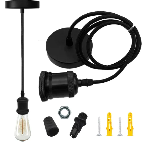 Miniatura 8 de Kit de lámpara colgante industrial vintage con soporte para lámpara E26/E27, cable de tela, rosa de techo y cable colgante en estilo retro moderno