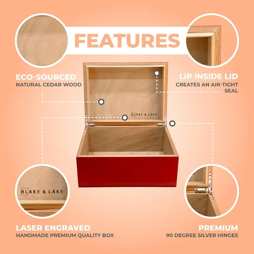 Miniatura 2 de Blake & Lake Caja de Madera para Recuerdos con Tapa - Caja de Almacenamiento de Madera con Tapa con Bisagras - Caja del Tesoro Roja para el Hogar