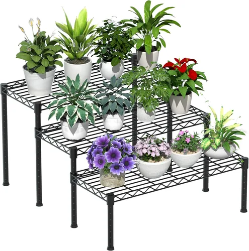 Xiofio Escalera de 3 niveles en maceta, múltiples plantas para soportes de plantas de interior y exterior, estantes ajustables y estantes