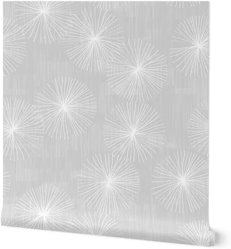 Spoonflower Papel tapiz para despegar y pegar, diseño de diente de león gris claro, blanco, minimalista, círculo, copo de nieve, redondo, mediados