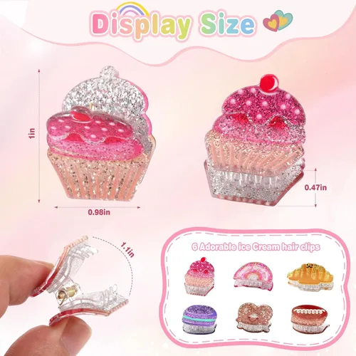 Miniatura 2 de Unbednigt Paquete de 6 pinzas para el cabello para niñas pequeñas, juego de pinzas de garra con temática de postre, accesorio de peinado sólido