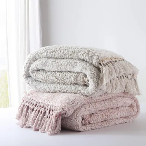 Miniatura 4 de Manta sherpa ultra suave y acogedora, manta decorativa ligera y cálida con borla, 2 tonos degradado rosa polvoriento, manta reversible