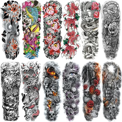 Mangas de tatuajes temporales, 12 hojas (19 x 7 pulgadas) tatuajes temporales de brazo completo, tatuajes de manga para hombres y mujeres adultos