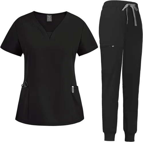niaahinn Conjunto de traje médico para mujer, moderno top con cuello en V y pantalones deportivos de pierna cónica con cordón de ajuste, conjunto de