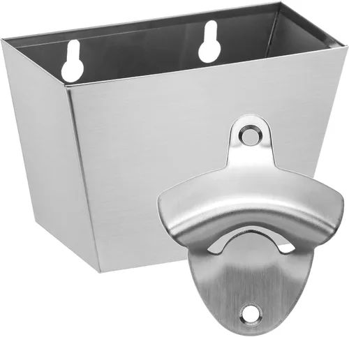 Miniatura 7 de Abrebotellas de montaje en pared negro con orificios de drenaje de acero inoxidable con captador de tapa
