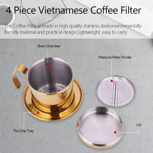 Miniatura 2 de Zopsc Taza de filtro de goteo de café vietnamita de acero inoxidable, dorada, cafetera de una sola porción, cafetera portátil para viajes de oficina