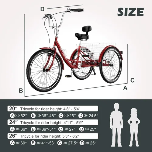 Miniatura 6 de ABORON Triciclo para adultos, bicicleta de 3 ruedas para adultos, triciclo para adultos, llantas de doble pared, triciclo para mujeres y hombres