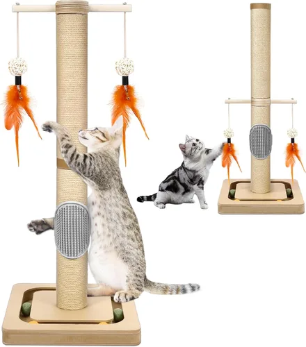 Árbol pequeño para gatos de 27 pulgadas con pista de bolas de 3 niveles y poste rascador de yute, torre de gatito que ahorra espacio para mascotas