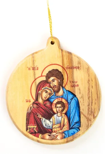 Adornos de Navidad católicos – Sagrada Familia Bizantina Icono Redondo Adornos de Madera de Olivo de Tierra Santa – Pequeños adornos de Navidad de
