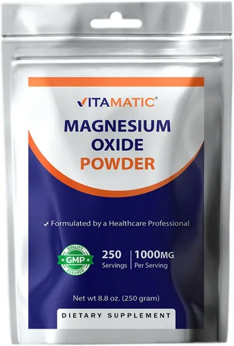 Vitamatic Polvo de óxido de magnesio – 1000 mg por porción – 250 porciones – Suplemento de magnesio de alta absorción – 600 mg de magnesio elemental
