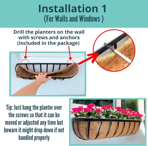 Miniatura 3 de LaLaGreen - Cajas de plantador para barandillas de terraza (61 cm, paquete de 6) Macetas de pared de metal para plantas al aire libre, color negro