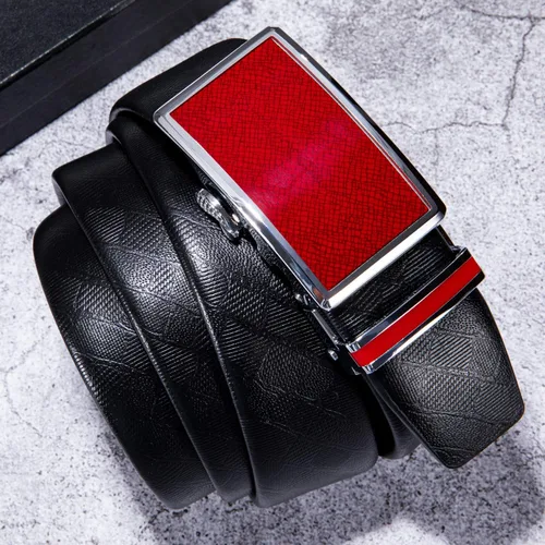 Miniatura 5 de YOHOWA Cinturón de hebilla de oro para hombre, cinturón de piel de vaca, hebilla de trinquete automática, sin agujeros, color negro para jeans, caja