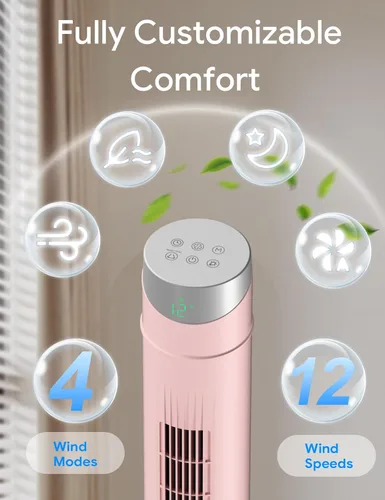 Miniatura 23 de ZAFRO Ventilador de torre inteligente para dormitorio, ventilador de torre oscilante de 120°, 28 pies/s de alta velocidad, 12 velocidades, 4 modos