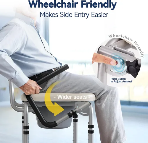 Miniatura 3 de Asiento sanitario junto a la cama con brazo desplegable, inodoro con asiento acolchado y respaldo, capacidad de 400 libras, cubo removible de 6.3QT