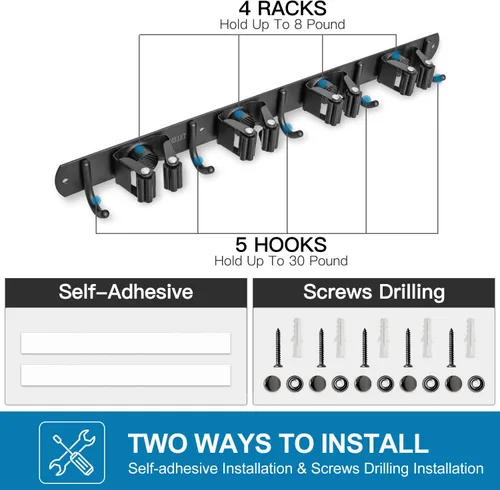 Miniatura 6 de IMILLET Soporte para escoba y trapeador montado en la pared, organizador de escobas de acero inoxidable para trabajo pesado, organizador de 4