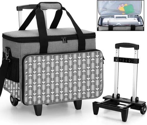 Miniatura 9 de Yarwo Funda de transporte mejorada para máquina de coser con ruedas, bolsa de mano desmontable con tabla inferior extraíble y pata de remolque Morado